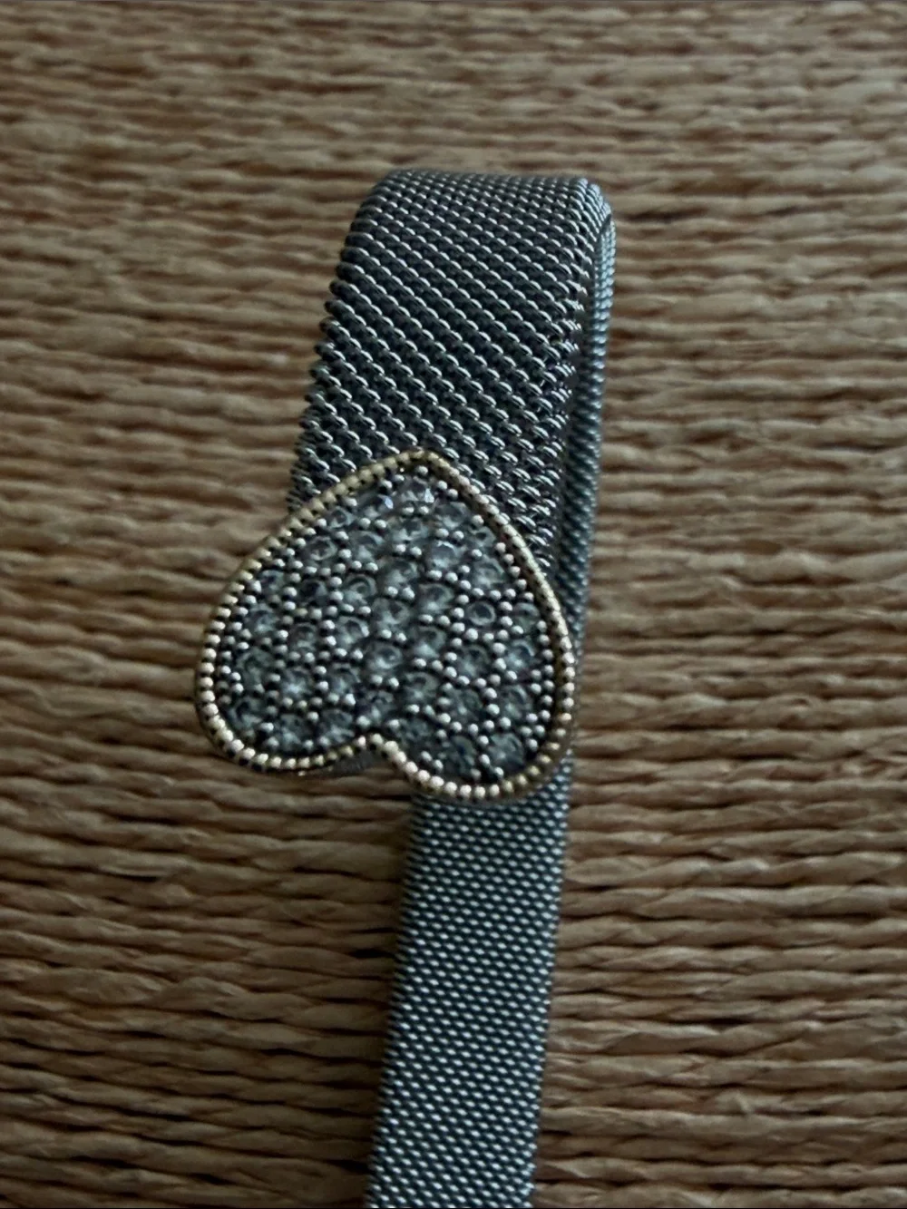 Bracelet two hearts with pave crystals silver mesh finish cuff style